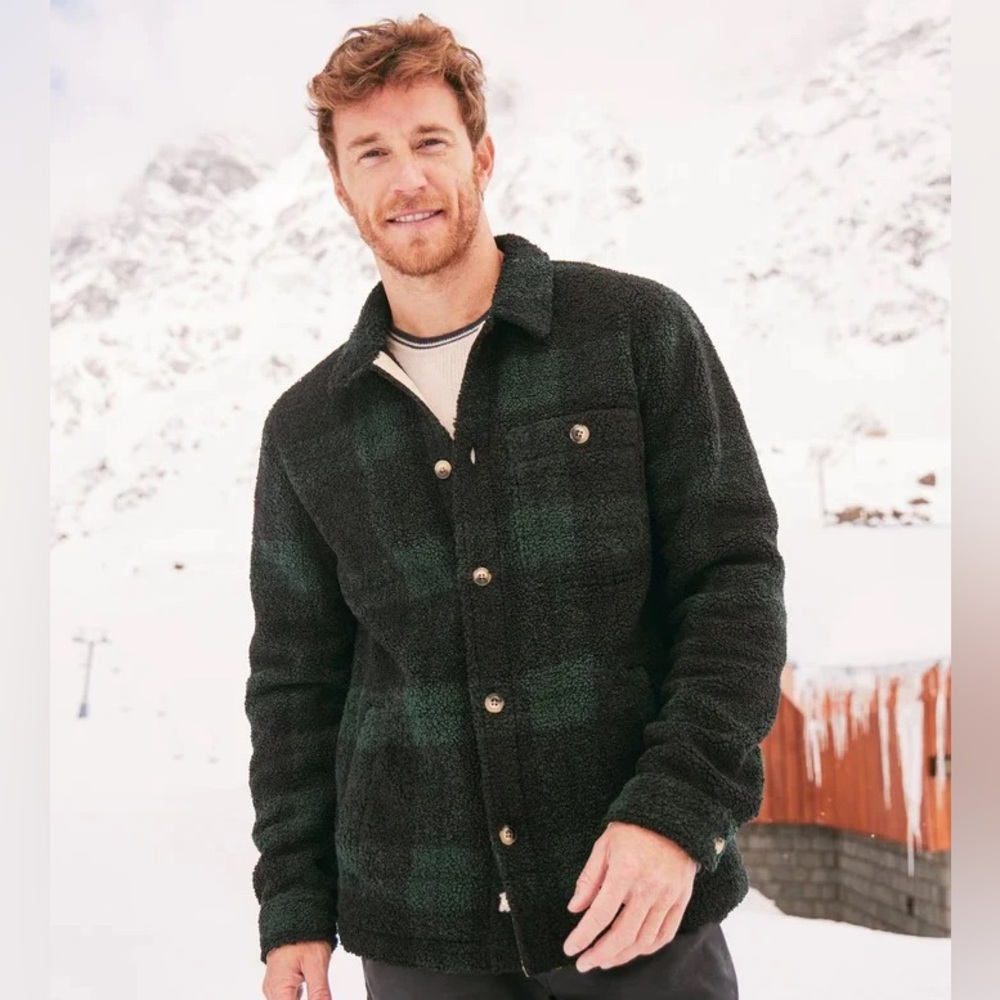 Marine Layer‎ men’s Dark Green Plaid Sherpa button over shirt size Large